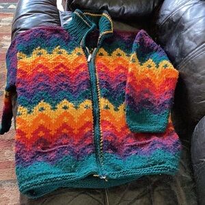 🔥 VTG CARDIGAN SWEATER ECUADOR CUSTOM MADE WARM BOLD & BRIGHT COLORFUL EPLVC
